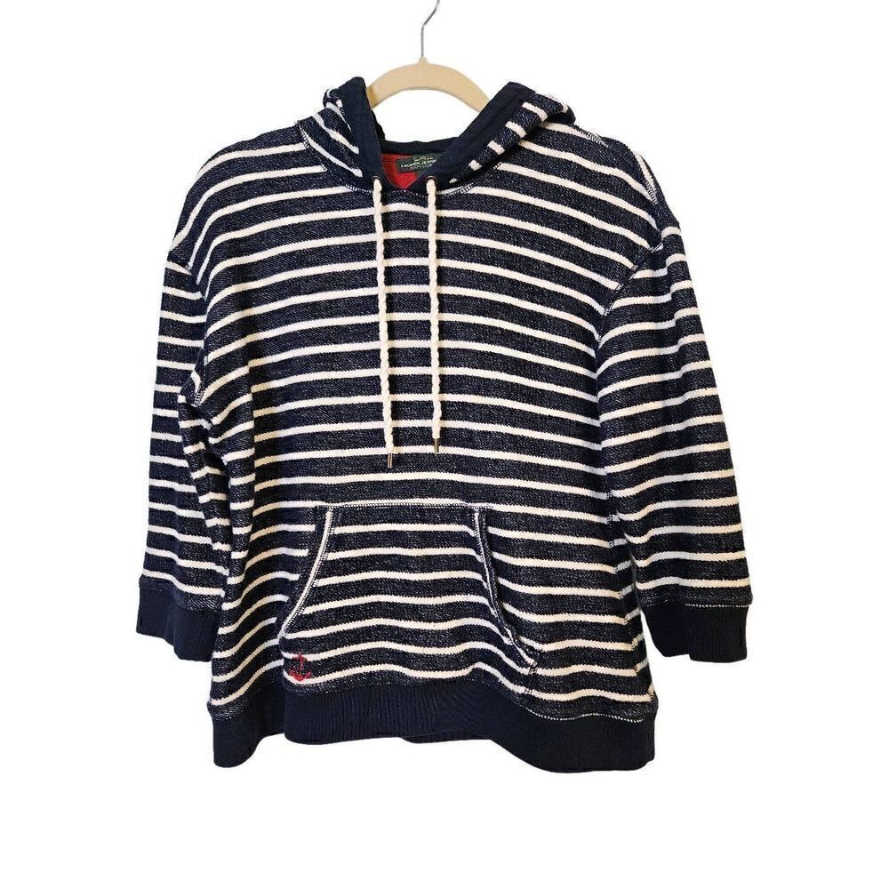 Lauren Jeans Company blue & white striped hooded sweatshirt. Size L.